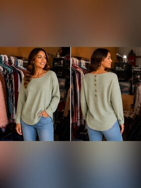 Set The Stage Women’s Ribbed Sage Green Knit Top Size Lg